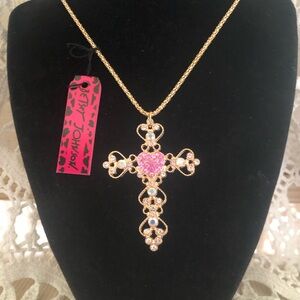 NWT Betsey Johnson Gold-Tone Pink Cross Pendant Necklace